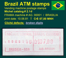 Brasilien Brazil ATM AG.00001 / Cr$ 07,00 MNH Klischee Defekt / Brasilia BSB / Frama Automatenmarken Etiquetas - Automatenmarken (Frama)