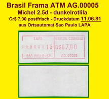 Brasilien Brazil ATM AG.00005 / Cr$ 07,00 MNH / Datum 11.06.81 / Sao Paulo LAPA / Frama Automatenmarken Etiquetas - Franking Labels