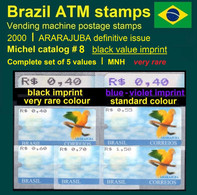 Brasilien Brazil ATM 8 / ARARAJUBA / Set Of Five With Rare Black Imprint MNH Automatenmarken Frama Klüssendorf Etiquetas - Automatenmarken (Frama)