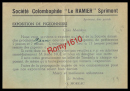 SPRIMONT.  Société Colombophile "Le Ramier" Exposition De Pigeonniers. Circulé En 1950. 2 Scans - Lidmaatschapskaarten