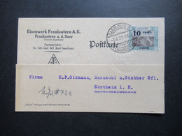 Saargebiet 1921 Nr.72 EF Firmen PK Eisenwerk Fraulautern AG Stempel Saarlouis 2 Bahnhof Gepoka Postkarte - Briefe U. Dokumente