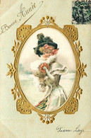 Silk * CPA Fantaisie Ancienne Brodée En Soie !!! * Bonne Année * Femme Dans Un Médaillon Doré Mode Chapeau Manteau Neige - Brodées