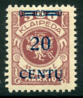 MEMEL (Lithuanian Occ) 1923 ( 20. April) Surcharge 20 C. On 500 M. Arms. LHM / *.  Michel 171 A III + 75% - Memel (Klaipeda) 1923