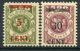 MEMEL (Lithuanian Occ) 1923 (16 April/16. May) Surcharges 5 C. On 300 M.,  30 C. On 500 M. Arms. LHM / *.  Michel 174-75 - Memel