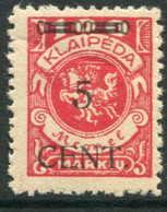 MEMEL (Lithuanian Occ) 1923 ( 23 April/26. May) Surcharge 5 C. On 100 M. Arms.LHM / *.  Michel 180 II  +50% - Memel (Klaïpeda) 1923