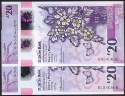 UK Northern Ireland 20+20 Pounds 2021 UNC # P- W345 (2021) < Ulster Bank > The Same Number - Rare Set! (2pcs) - 20 Pounds