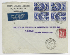 FRANCE N° 327X4+283 LETTRE AVION MANQUE UN RABAT BORDEAUX BOURSE 2.1.1937 POUR LINSAN GUINEE FRANCAISE - 1921-1960: Période Moderne