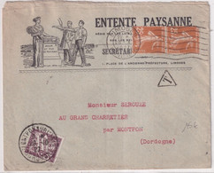 1927 - SEMEUSE + TAXE / ENVELOPPE PUB ILLUSTREE "ENTENTE PAYSANNE" à LIMOGES (HAUTE VIENNE) => MONTPON (DORDOGNE) - 1906-38 Semeuse Con Cameo