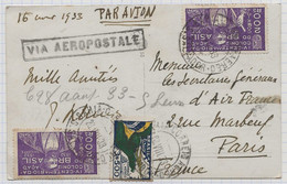 AEROPOSTALE CGA BRESIL RIO DE JANERO 20 AOUT 1933 Pour PARIS FRANCE Par Avion Correo Aereo - Vliegtuigen