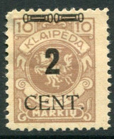 MEMEL (Lithuanian Occ) 1923 ( May) Surcharge 2 C. On 10 M. Arms.LHM / *.  Michel 183 - Memel