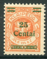 MEMEL (Lithuanian Occ) 1923 ( Dec.) Surcharge 25 C.  On 25 M. Arms LHM / *.  Michel 216 - Memelgebiet