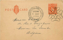 UK.  Post Card CP 100 B (Huggins)  London Internat. Stamp Exhibition > Monceau-sur-Sambre Belgique  9/5/50 - Material Postal