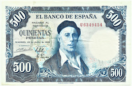 ESPAÑA - 500 Pesetas - 22.07.1954 ( 1958 ) - Pick 148 - Serie U - Ignacio Zuloaga - 500 Pesetas