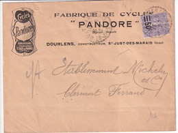 1927 - SEMEUSE SURCHARGEE / ENVELOPPE PUB ILLUSTREE "CYCLES PANDORE" De ST JUST DES MARAIS (OISE) - 1903-60 Semeuse A Righe