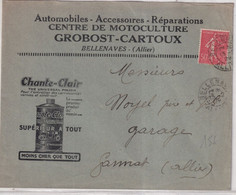 1929 - SEMEUSE / ENVELOPPE PUB ILLUSTREE "AUTOMOBILES GROBOST-CARTOUX" (VOIR DOS) De BELLENAVES (ALLIER) - 1903-60 Semeuse Lignée