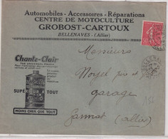 1929 - SEMEUSE / ENVELOPPE PUB ILLUSTREE "AUTOMOBILES GROBOST-CARTOUX" (VOIR DOS) De BELLENAVES (ALLIER) - 1903-60 Semeuse A Righe