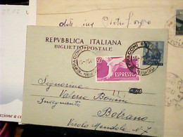 BIGLIETTO POSTALE 25 LIRE QUADRIGA + 50 LIRE ESPRESSO 1954 DA TRENTO X BOLZANO   IN4893 - Interi Postali