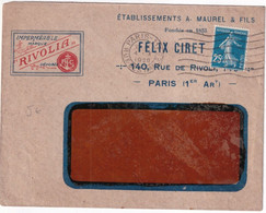 1920 - SEMEUSE / ENVELOPPE PUB ILLUSTREE "IMPERMEABLE RIVOLIA" à PARIS - 1906-38 Semeuse Con Cameo