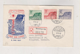 NORWAY 1957 NORDKAPP FDC Cover HONNINGSVAG Registered To DENMARK - Covers & Documents