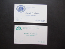 Regierung Australien Parliament House Visitenkarten Russell D. Grove Honorary Secretary /Clerk Assistant New South Wales - Visitekaartjes