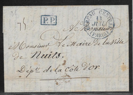 France Marque Postale - PP & Bureau Central Paris En Bleu 1826 Au Dos T.12 Nuits (20) - TB - 1801-1848: Precursors XIX