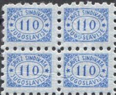 Yugoslavia 1961, Stamp For Membership, Labor Union, Administrative Stamp - Revenue, Tax Stamp, 110d Block Of 4  MNH - Officials