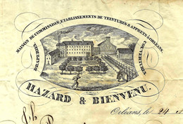 SUPERBE ENTETE 1832 HAZARD & BIENVENU TEINTURERIE  INDUSTRIE COULEURS à Orleans => Ramé à Rennes V. SCANS - 1800 – 1899