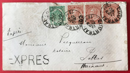 Belgique COB N°56 Et 57 (x3) Sur Enveloppe Griffe EXPRES + Cachet COURTRAI 24.4.1897 - (A304) - 1830-1849 (Unabhängiges Belgien)