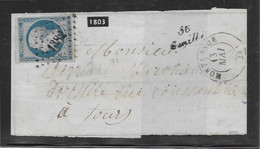 France N°15 Oblitéré PC 1382 T.15 Montrésor & Cursive 36 / Génillé 1854 - Lettre Manque La Correspondance - TB - Rare - 1853-1860 Napoléon III.