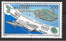 Timbres Neufs** De Mayotte, N°2 YT, Poste Aérienne, 20 Ans De La 1ère Liaison Entre Mayotte Et Le Réunion, Avion, Carte - Airmail