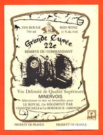 Etiquette Neuve De Vin Rouge Grande Cuvée 22e Régiment Réserve Du Commandant à Bordeaux - 75 Cl - Vin De Pays D'Oc