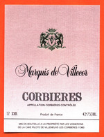 Etiquette Neuve De Vin De Corbières Marquis De Villecor à Villeneuve Les Corbières - 75 Cl - Vin De Pays D'Oc