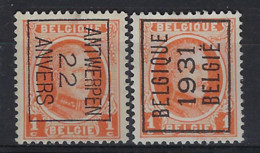 HOUYOUX Nr. 190 (2 X) België Typografische Voorafstempeling Nrs. 66 B  En 244 A (*) MNG   ! LOT 294 - Sobreimpresos 1922-31 (Houyoux)