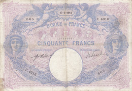 Billet 50 F Bleu Et Rose Du 17-5-1912 FAY 14.25 Alph. U.4316 - 50 F 1889-1927 ''Bleu Et Rose''