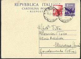 CARTOLINA POSTALE DEMOCRATICA LIRE 8+4  RISPOSTA (INT. 136R) DA ASOLO *10.2.48* PER MURANO - Interi Postali