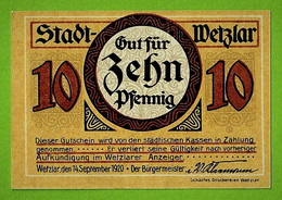 ALLEMAGNE / WETZLAR / 10 PFENNIG / NOTGELD / 14 SEPTEMBRE 1920 / N° SERIE B 77201 - Ohne Zuordnung