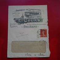 LETTRE PUB FABRIQUE DE CASQUETTES E.COLAS ORLEANS 1910 - Cartas & Documentos