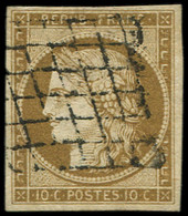 EMISSION DE 1849 - 1c   10c. Bistre-VERDATRE FONCE, Obl. GRILLE, Nuance Certifiée Calves, TB. C - 1849-1850 Ceres