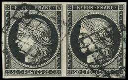 EMISSION DE 1849 - 3a   20c. Noir Sur Blanc, PAIRE Obl. GRILLE, TB - 1849-1850 Ceres