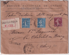 1926 - SEMEUSE Sur ENVELOPPE CHARGEE VALEUR DECLAREE ! De CHATEAUROUX (INDRE) => LE CHATELET EN BERRY - 1903-60 Semeuse Lignée