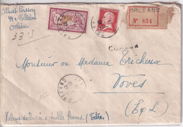 1924 - PASTEUR + MERSON Sur ENVELOPPE CHARGEE VALEUR DECLAREE ! De ORLEANS (LOIRET) => VOVES - 1922-26 Pasteur