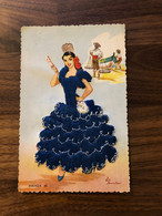 CPA Ancienne Fantaisie Brodée * Malaga Espana Danse Dancing * Femme Coiffe Costume * Illustrateur Eloi - Embroidered