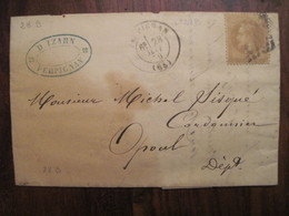 France 1870 Perpignan Opoul Périllos Cover Timbre Seul Napoleon Cordonnier - 1863-1870 Napoleone III Con Gli Allori