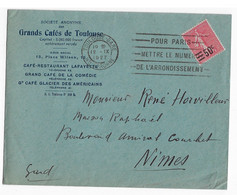 TOULOUSE-GARE Lettre Entête Grands Cafés De Touloise 50c/65c Semeuse Lignée Yv 224 Ob 127 Méca Franker TOU705 Mettre N° - Covers & Documents