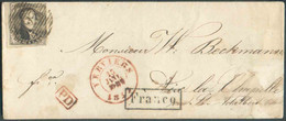 N°6 - Médaillon 10 Centimes Brun,  Obl. P.123 Sur Lettre De VERVIERS le 15 Janvier 1853 + Griffes FRANCO et PD vers Aix - 1851-1857 Medaillen (6/8)