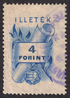 1946 Hungary - Fiscal Revenue Tax Stamp - 4 Ft - Canceled - Coat Os Arms KOSSUTH - Revenue Stamps