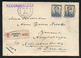 Belgium 1912 Reg. Cover From Antwerp To Germany Franked With Two Pellens Small Effigy 25c Blue (COB 120) - 1912 Pellens