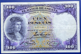 Billet De 100 Pesetas D’Espagne Madrid 25/4/1931 Numéro 0,635,862. …. Vendu En L’état - 100 Peseten