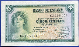 Billet De 5 Pesetas De 1935 Alph C 3,196,054. …. Vendu En L’état - 5 Pesetas