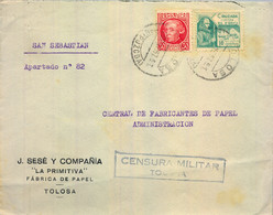 1937 GUIPÚZCOA , SOBRE CIRCULADO , CENSURA MILITAR DE TOLOSA , SELLO DE CRUZADA CONTRA EL FRIO - Lettres & Documents